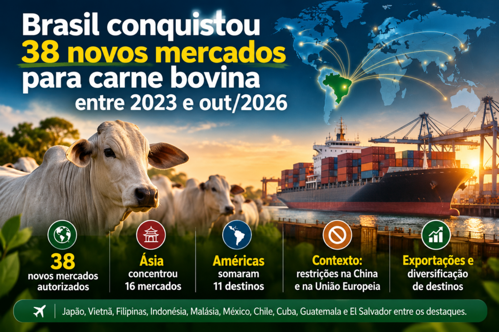 Exportação de carne bovina brasileira para 38 novos mercados entre 2023 e outubro de 2026