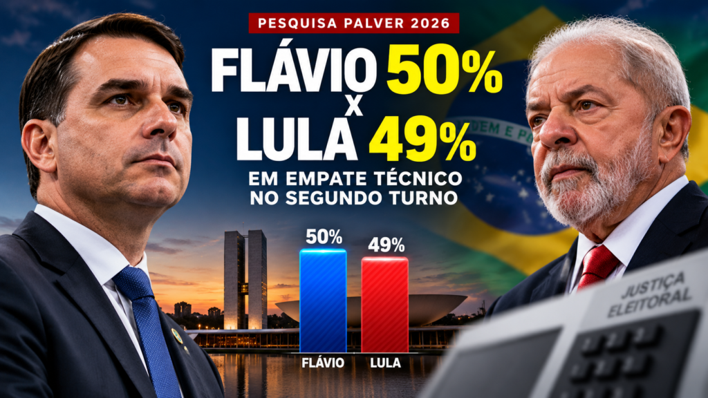 Pesquisa Palver 2026: Flávio Bolsonaro tem 50% e Lula 49% em simulação de segundo turno, configurando empate técnico.