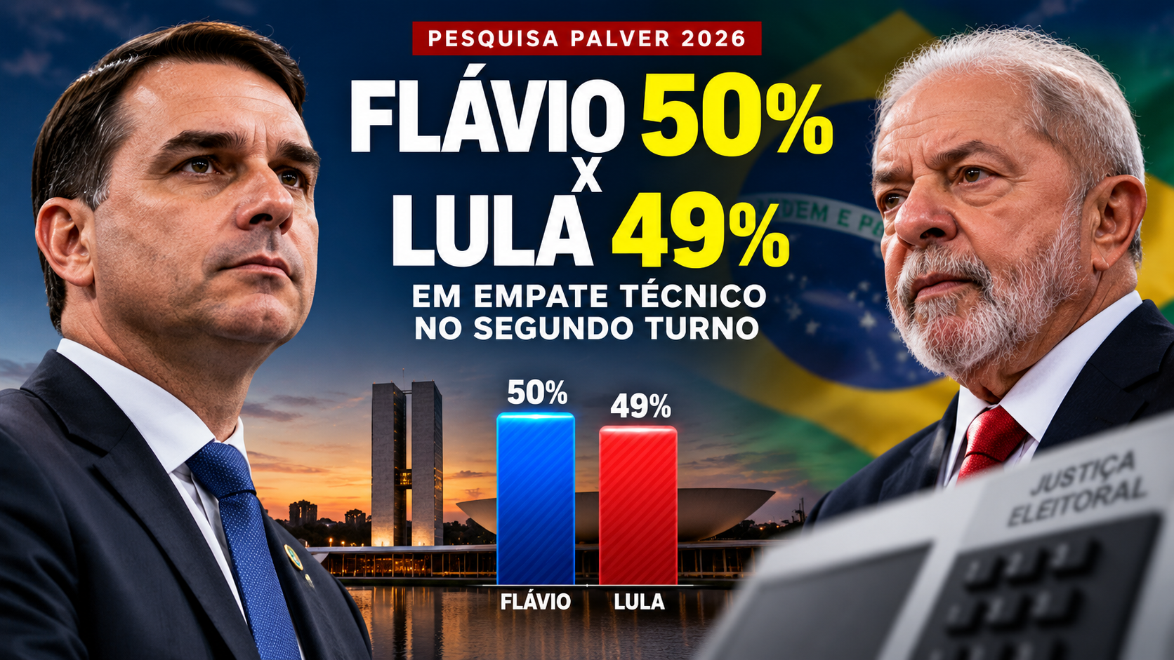 Pesquisa Palver 2026: Flávio Bolsonaro tem 50% e Lula 49% em simulação de segundo turno, configurando empate técnico.