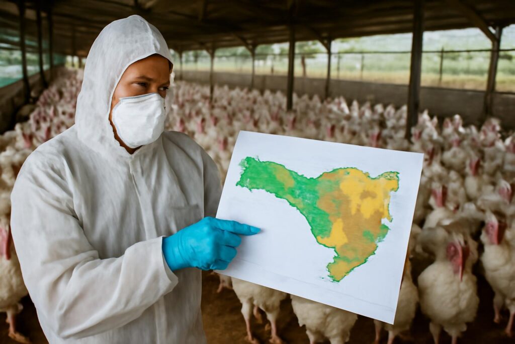 Ilustração sobre Mapa confirma foco de doença de Newcastle em criação comercial de perus em Santa Catarina