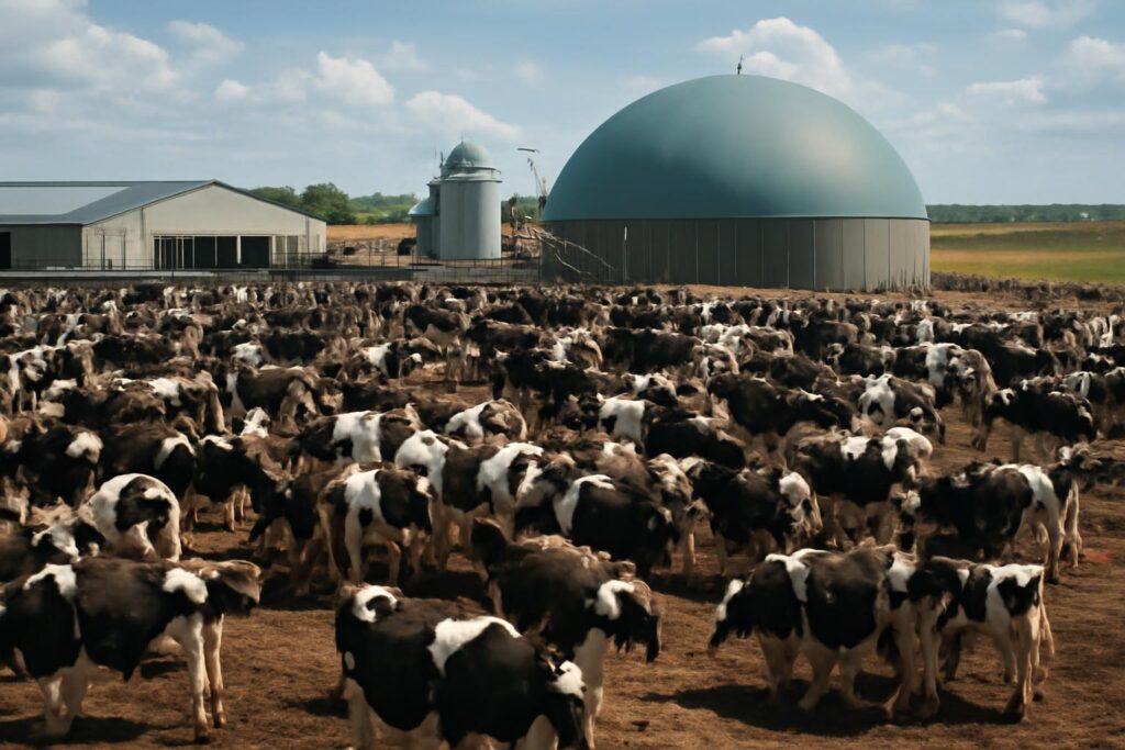 Ilustração sobre Fazenda nos EUA com 20 mil vacas transforma esterco em biogás, fertilizantes e água recuperada