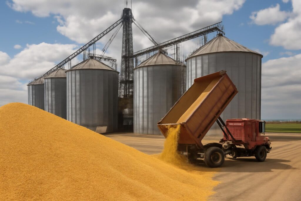 Ilustração sobre Safra recorde nos EUA pressiona silos e expõe limite da capacidade de armazenagem