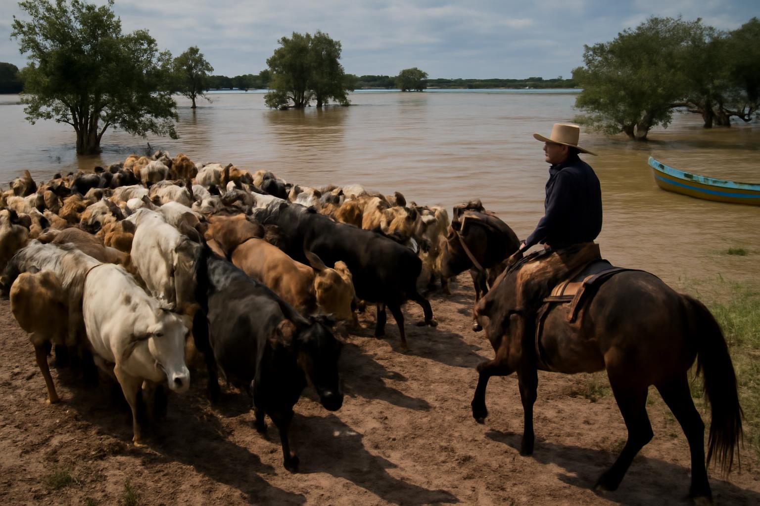 Ilustração sobre El Niño ameaça até 230 mil bovinos e provoca retirada de gado das ilhas do Paraná na Argentina