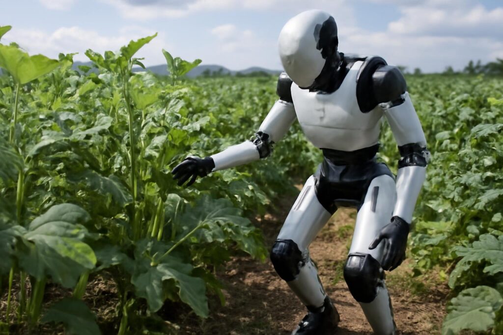 Ilustração sobre Robô humanoide é testado em lavoura comercial de quiabo no Japão
