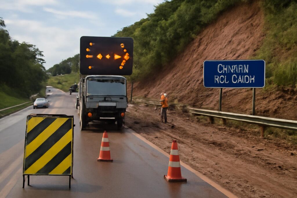 Ilustração sobre DNIT atualiza interdições parciais na BR-476/PR após chuvas; trechos entre Adrianópolis e Tunas do Paraná seguem monitorados