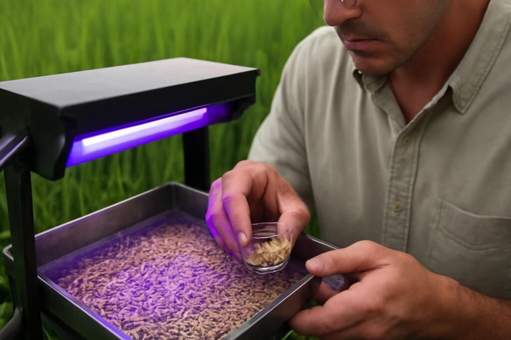 Ilustração sobre Exposição controlada a luz ultravioleta antes do plantio pode aumentar produtividade do arroz, diz pesquisa