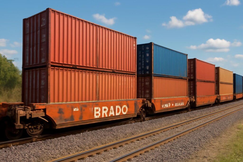 Ilustração sobre Brado: trens double stack transportam 468,8 mil t no 1º semestre de 2026