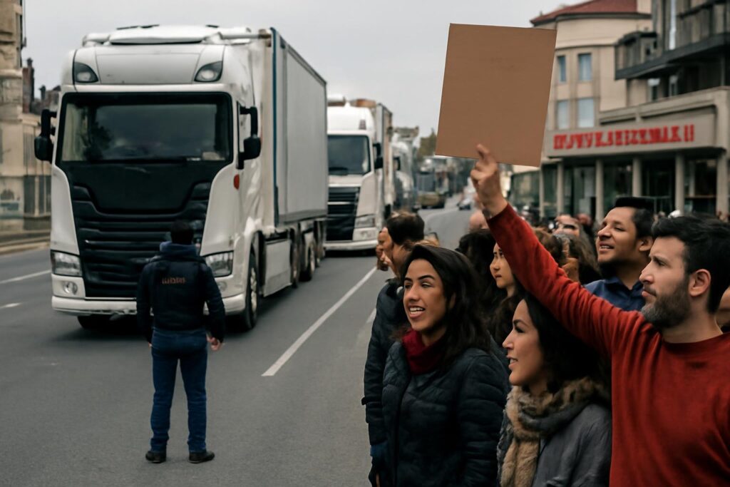 Ilustração sobre Protestos por alta do diesel paralisam transporte na Itália e deixam supermercados sem alimentos