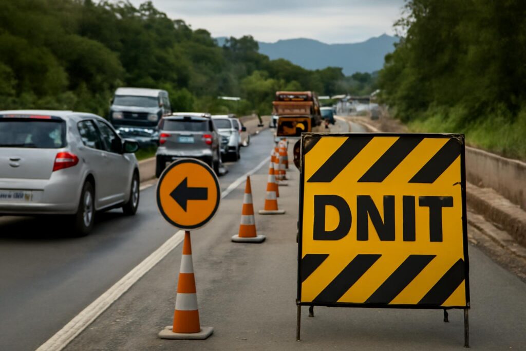 Ilustração sobre DNIT bloqueia saída da via marginal na BR-470/SC em Indaial para obras