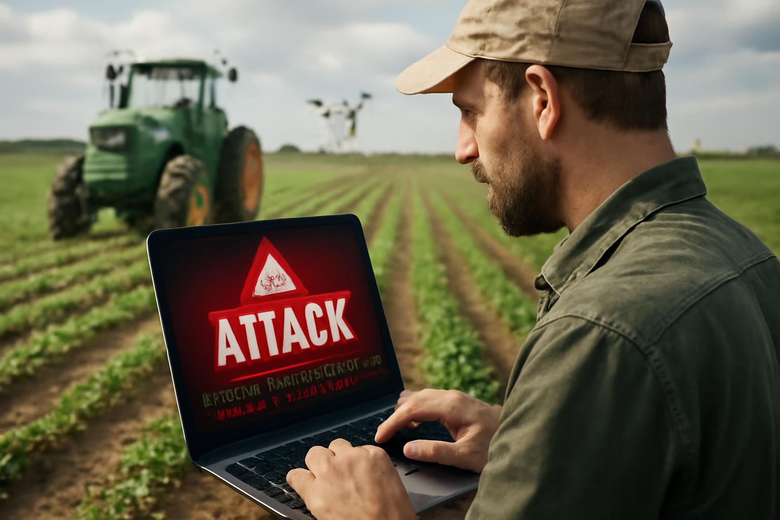 Ilustração sobre Onda de ataques cibernéticos eleva alerta sobre tratores, drones e sistemas do campo