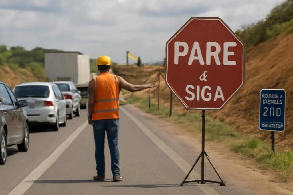 Ilustração sobre DNIT registra operação de Pare e Siga no km 510 da BR-116, em Pelotas (RS)