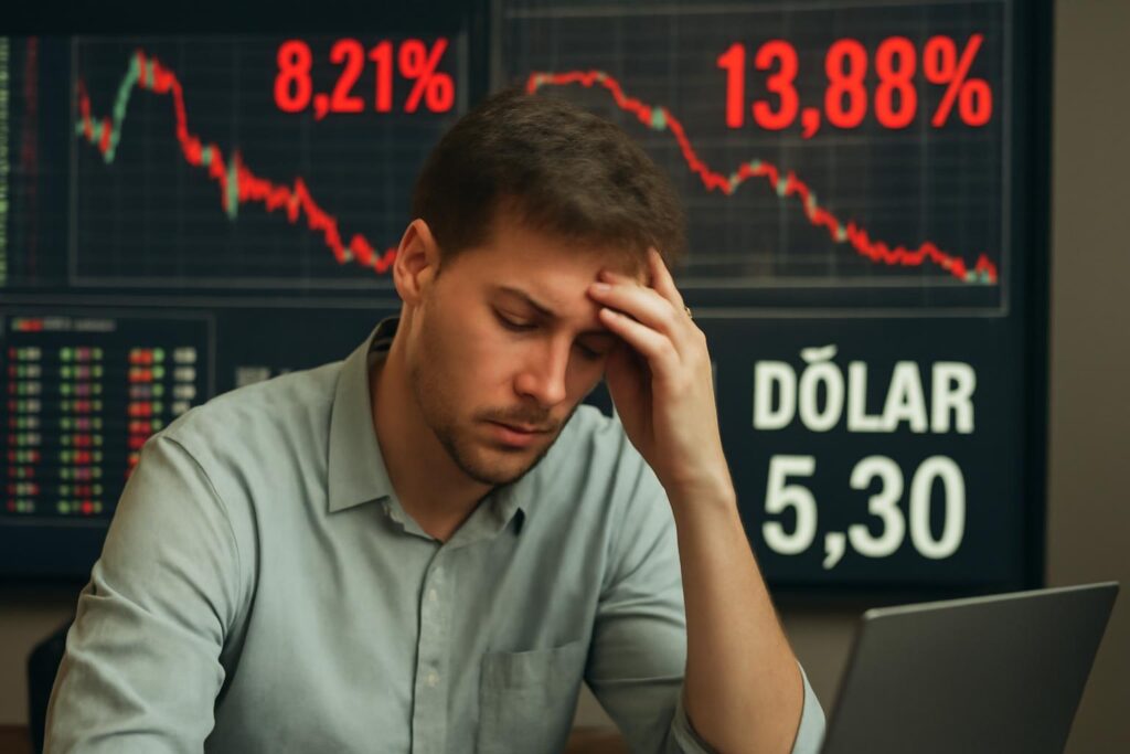 Ilustração sobre Dólar dispara 8,21% e Ibovespa recua 13,88% após reeleição de Lula