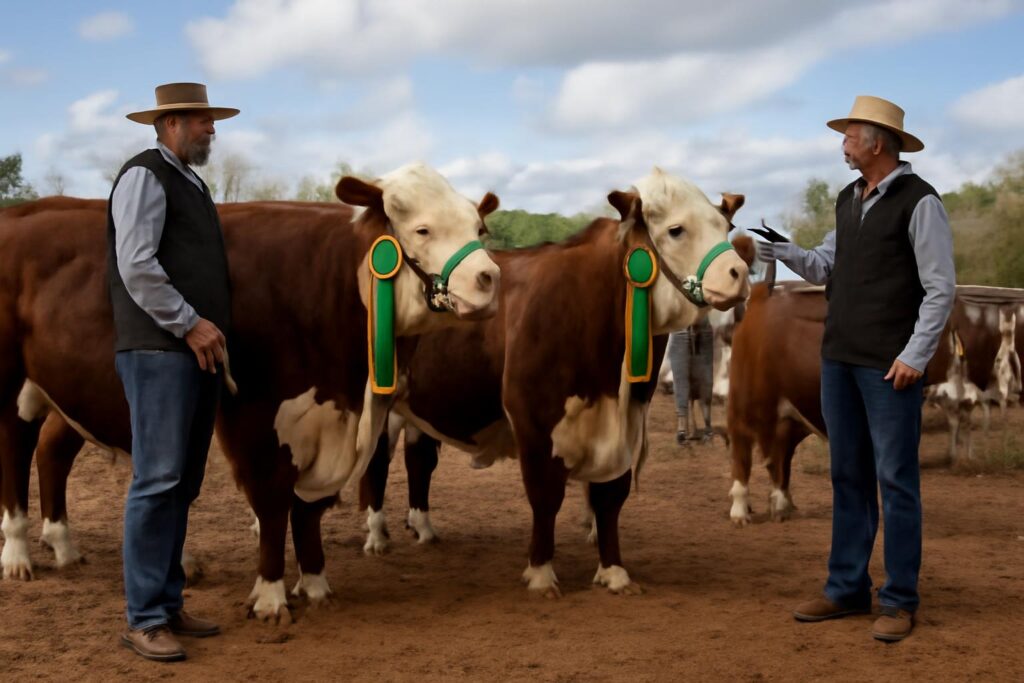 Imagem ilustrativa de bovinos Hereford premiados em exposição agropecuária, representando os títulos supremos conquistados pela Três Marias na 3ª Exposição HB de Lavras do Sul (RS).