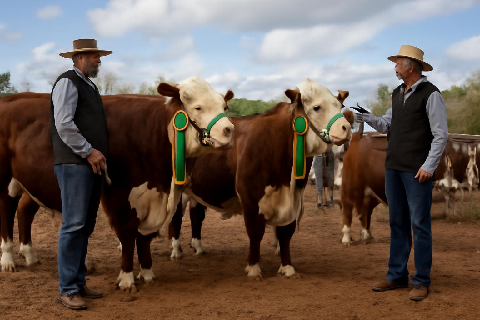 Imagem ilustrativa de bovinos Hereford premiados em exposição agropecuária, representando os títulos supremos conquistados pela Três Marias na 3ª Exposição HB de Lavras do Sul (RS).