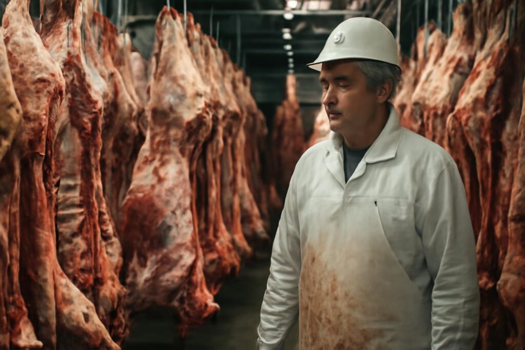 Imagem ilustrativa do interior de um frigorífico de carne bovina na Austrália, relacionada à tarifa de 55% da China e à suspensão temporária de abates por falta de armazenamento.