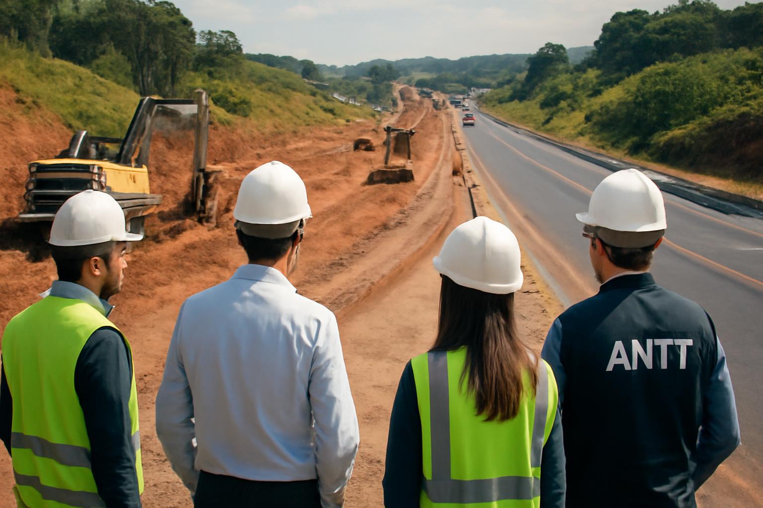 Imagem ilustrativa das obras de duplicação da BR-040 em Congonhas (MG), com máquinas de construção e técnicos acompanhando a intervenção de 10 quilômetros.