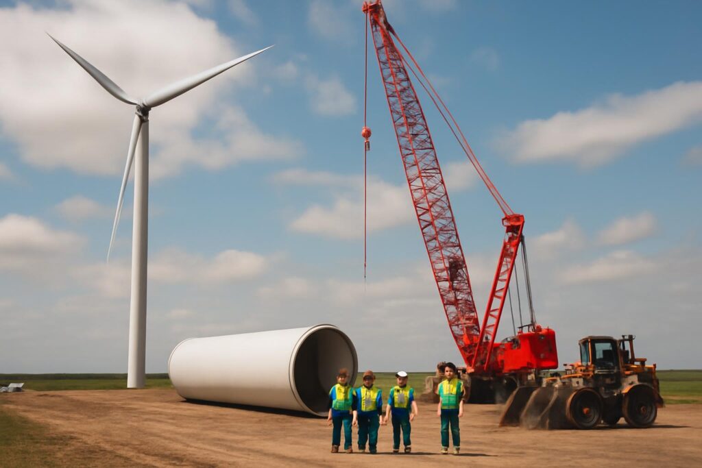 Construção de parque eólico com aerogeradores em Dom Pedrito (RS), projeto da Casa dos Ventos com investimento previsto de R$ 4 bilhões e capacidade de 750 MW.