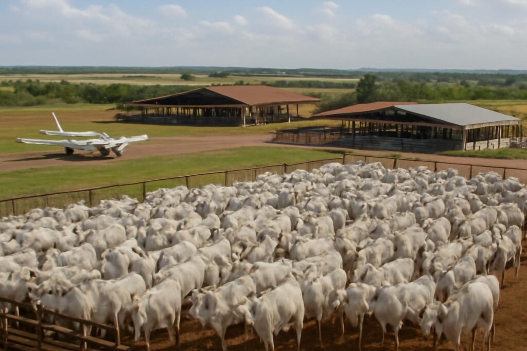 Ilustração sobre Dentro da Fazenda Terra Prometida, em Porto Nacional: aeroporto, 620 Nelore P.O. e leilões de R$ 137,5 milhões