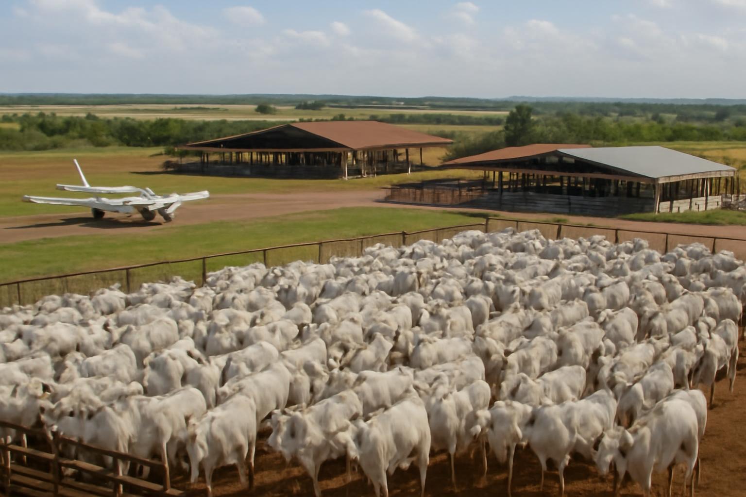 Ilustração sobre Dentro da Fazenda Terra Prometida, em Porto Nacional: aeroporto, 620 Nelore P.O. e leilões de R$ 137,5 milhões