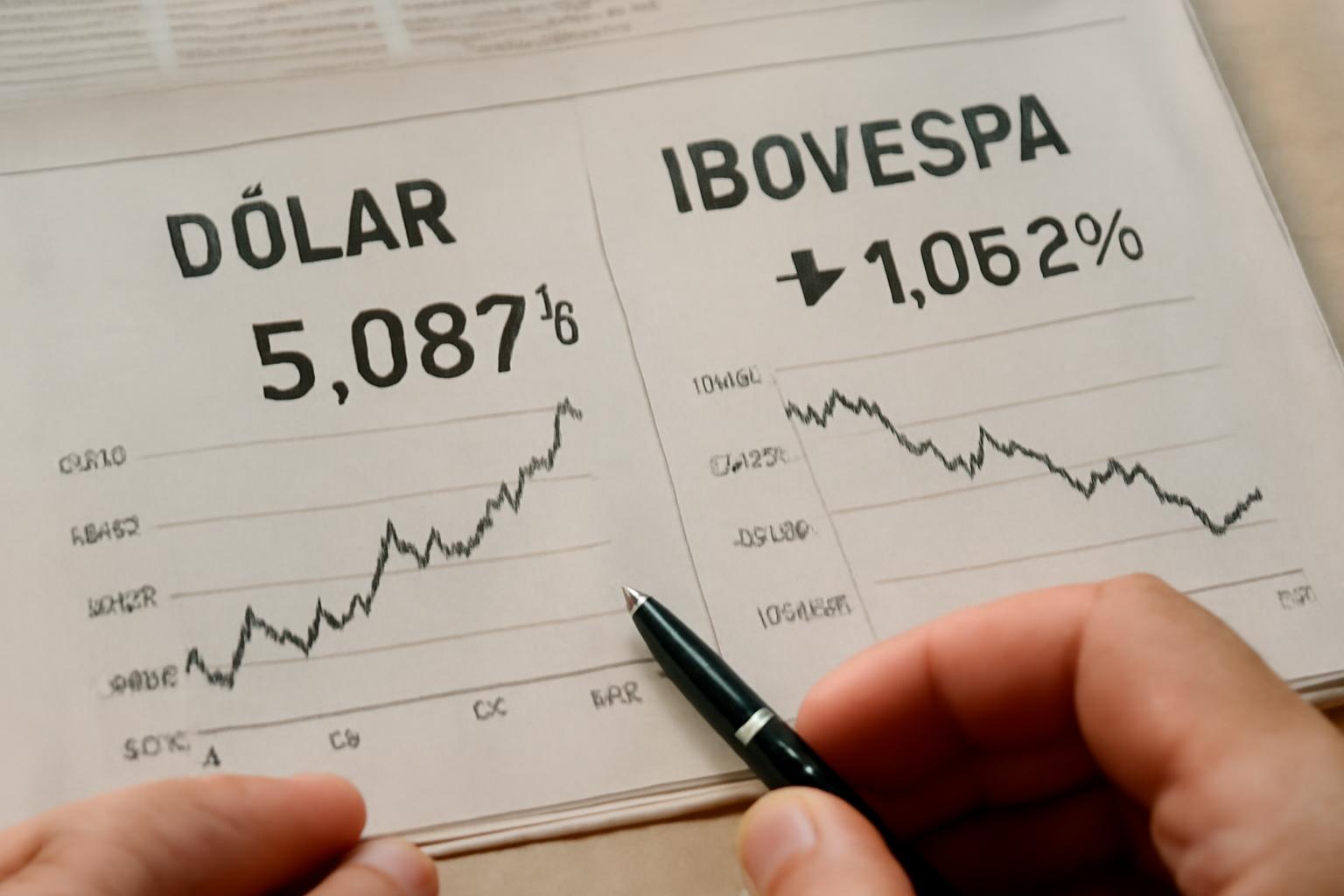 Ilustração sobre Dólar sobe 1,15% e fecha a R$ 5,087; Ibovespa recua 1,06%
