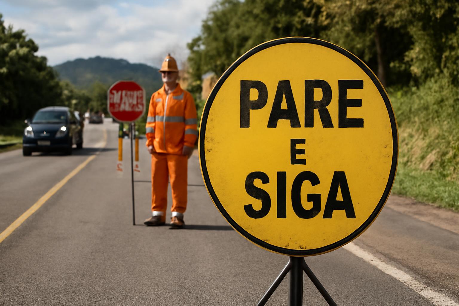 Ilustração sobre DNIT mantém operação Pare e Siga na BR-470/SC (km 110) em Apiúna