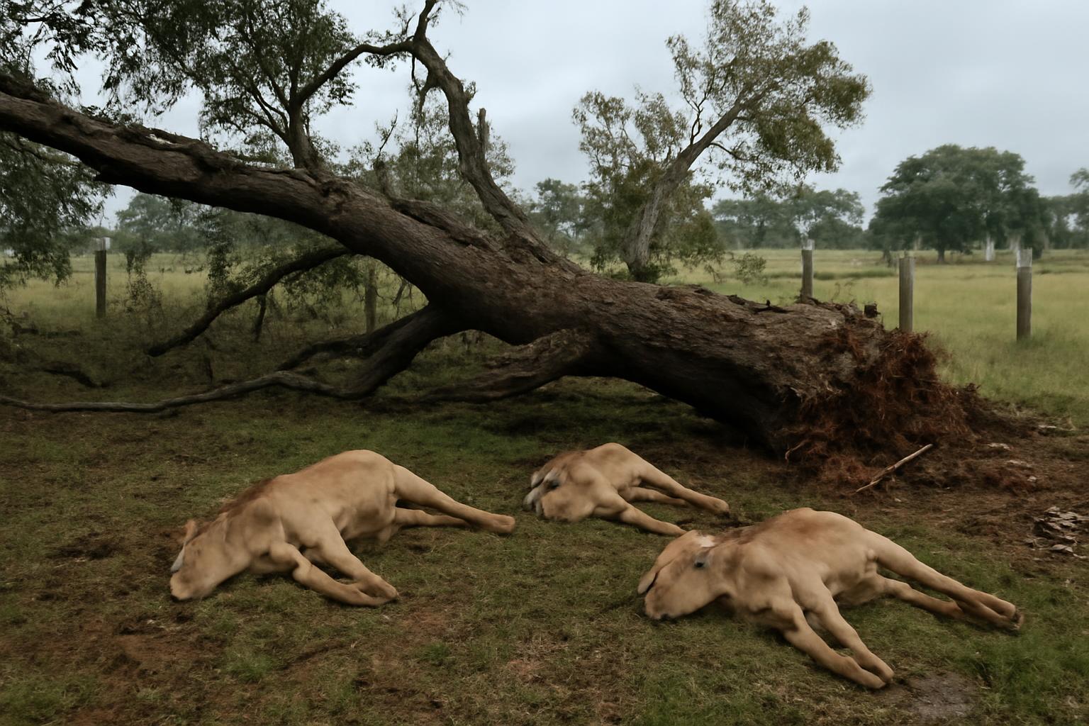 Ilustração sobre Vídeo mostra jatobá derrubado em temporal que matou três bezerros em fazenda